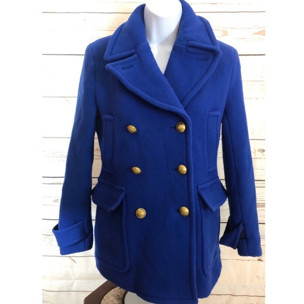 J. Crew Royal Blue Double-Breasted Pea Coat with Gold Buttons